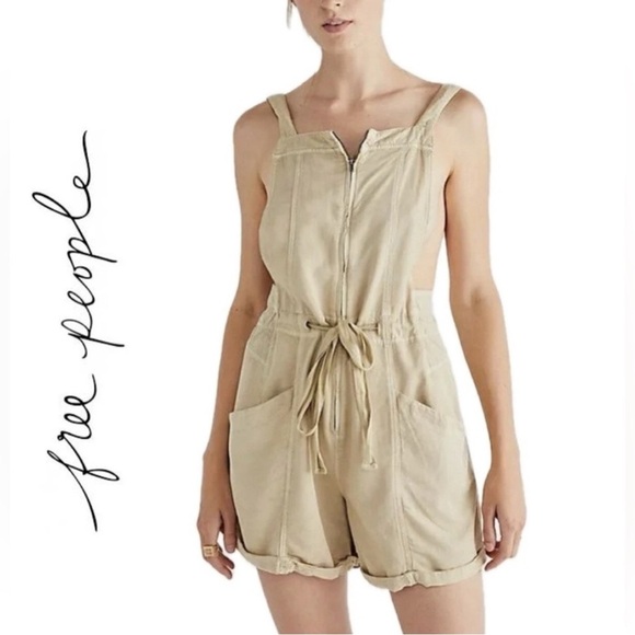 Free People Pants - Free People Palm Valley Shortalls Romper Khaki Tan Boho Relaxed fit Size Medium